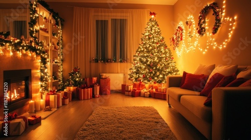 Wallpaper Mural A beautifully decorated living room for a Nativity party, with a glowing Christmas tree, festive garlands, and presents. Torontodigital.ca