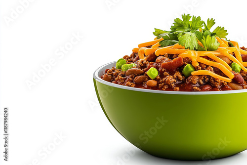 Spicy Chili Con Carne, melted cheese, and cilantro garnish. Delicious!