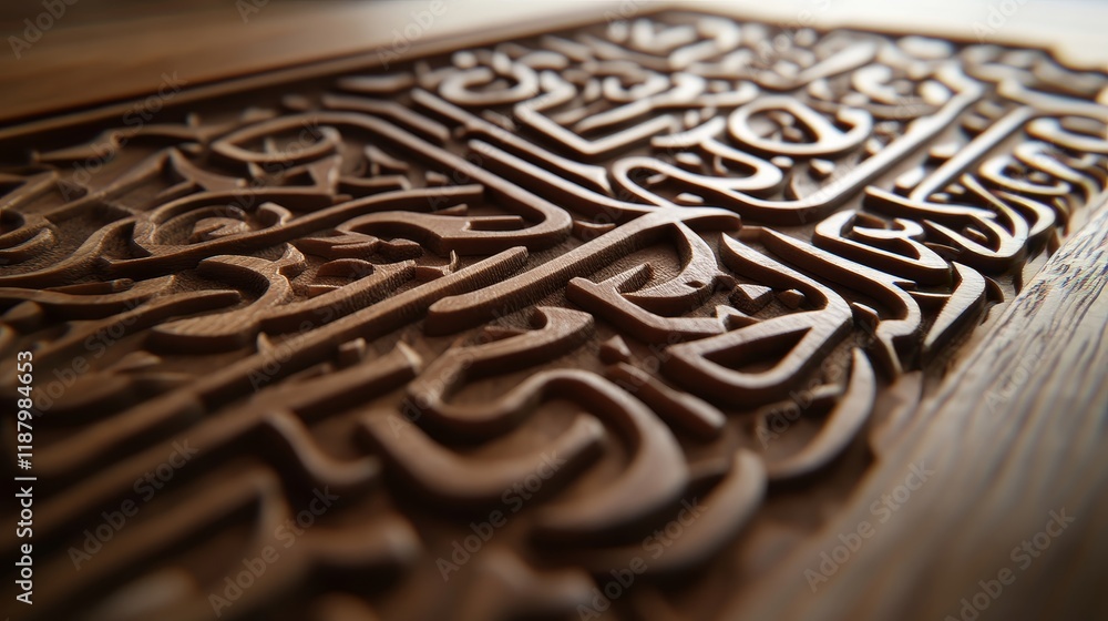 Intricate Wooden Craftsmanship Featuring Beautifully Carved Arabic Calligraphy with Artistic Details and Decorative Patterns Intricate Wooden Craftsmanship Featuring Beautifully Carved Arabic Calligraphy with Artistic Details and Decorative Patterns