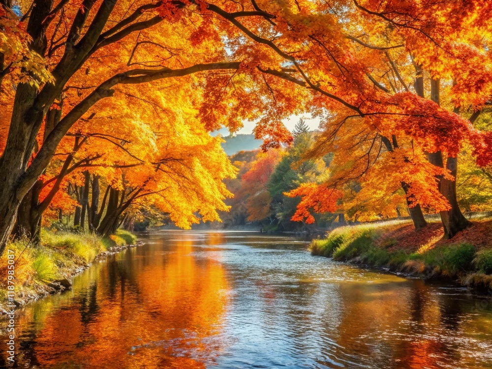 Stunning Autumn River Landscape: Orange and Yellow Fall Foliage along Riverbank Stunning Autumn River Landscape: Orange and Yellow Fall Foliage along Riverbank