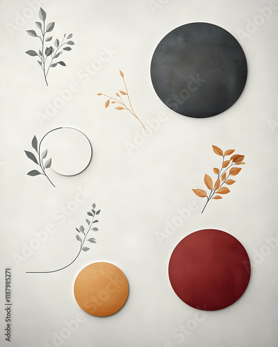 Autumnal foliage and colored circles on white background; design element for website, blog, or social media post