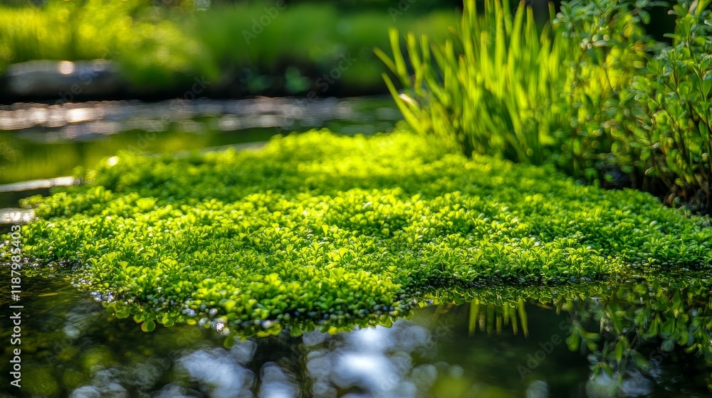Fototapeta premium Lush Green Floating Plants on Serene Water Surface with Reflections in the Morning Light, Capturing a Tranquil Nature Scene in a Botanical Garden