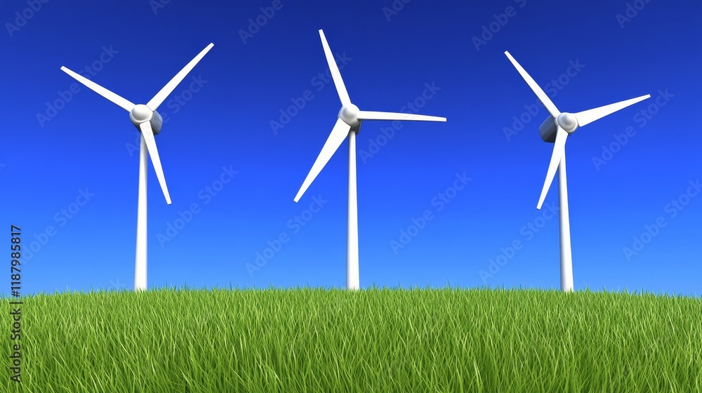 Three wind turbines standing in a verdant field against a clear blue sky Three wind turbines standing in a verdant field against a clear blue sky