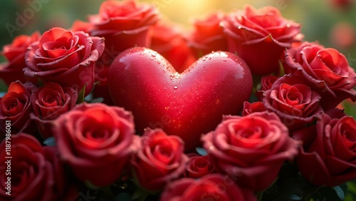 Wallpaper Mural A glowing heart encircled by velvety red roses, sparkling with dewdrops. Gentle sunlight illuminates the petals, symbolizing love, romance, and purity in a lush, dreamy setting. Torontodigital.ca