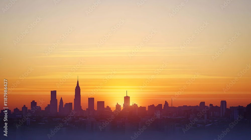 Fototapeta premium City skyline sunrise, urban landscape, golden hour, New York cityscape, background for travel brochures