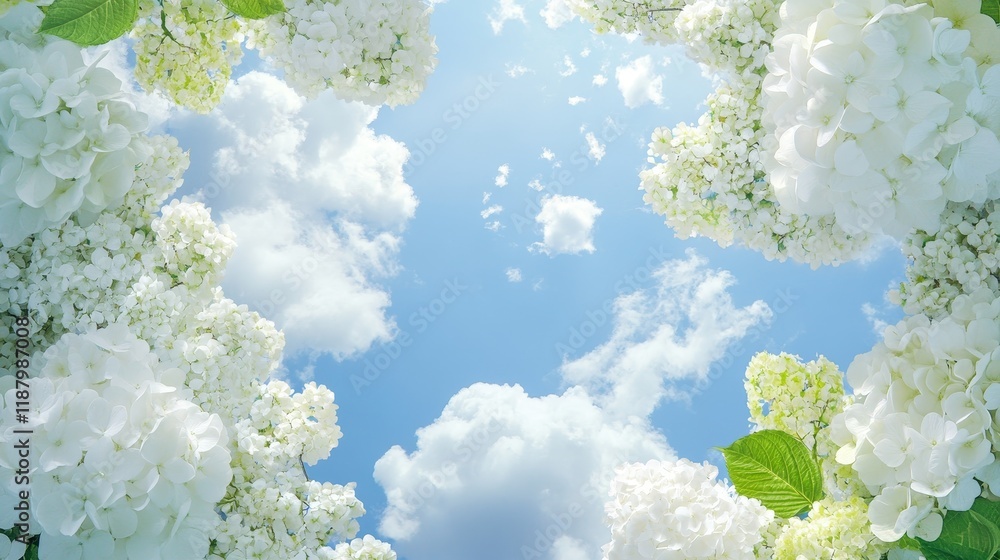 Fototapeta premium Beautiful sky view framed by white hydrangeas and lush green leaves on a sunny day