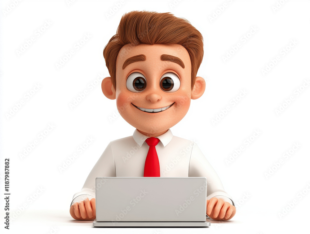 Smiling Cartoon Businessman Works on Laptop; Happy and Focused! Smiling Cartoon Businessman Works on Laptop; Happy and Focused!