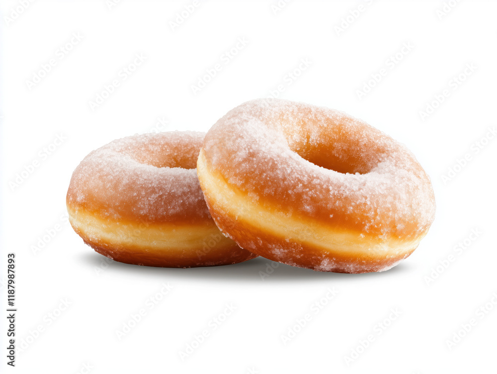 Sugary Delight: Close-Up of Two Powdered Donuts on White Background Sugary Delight: Close-Up of Two Powdered Donuts on White Background
