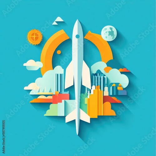 Abstract illustration of a rocket launch amidst a stylized cityscape with geometric shapes and a vibrant color palette representing innovation and exploration