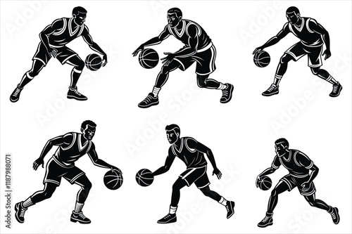 dribbling a basketball man in sports action pose
