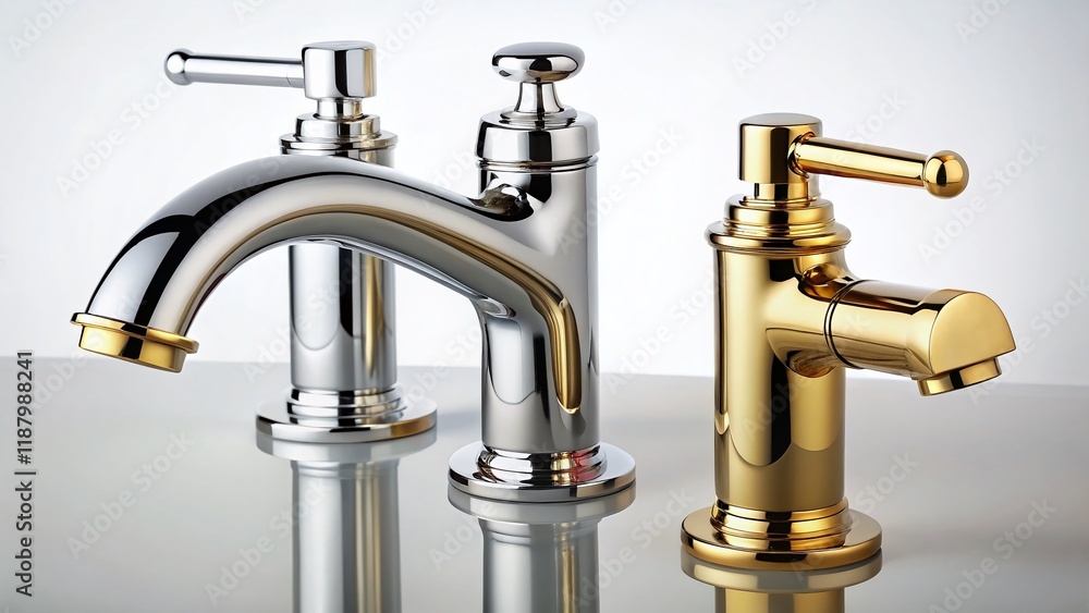 Stylish Chrome & Brass Faucets on White - Luxury Bathroom Fixtures Stylish Chrome & Brass Faucets on White - Luxury Bathroom Fixtures