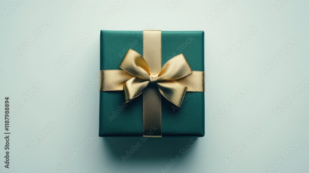 A beautifully wrapped green gift box with a metallic gold ribbon and a perfect bow, photographed against a bright white background. A beautifully wrapped green gift box with a metallic gold ribbon and a perfect bow, photographed against a bright white background.