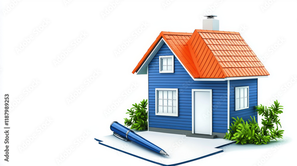 New Home Design: Blue House with Orange Roof, Plan & Pen New Home Design: Blue House with Orange Roof, Plan & Pen