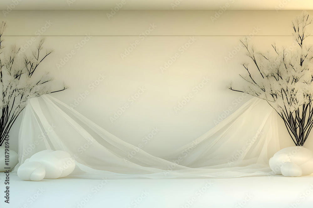 Minimalist beige room interior design mockup with fabric drape, decorative branches, and smooth stones. Ideal for product display or home decor website Minimalist beige room interior design mockup with fabric drape, decorative branches, and smooth stones. Ideal for product display or home decor website