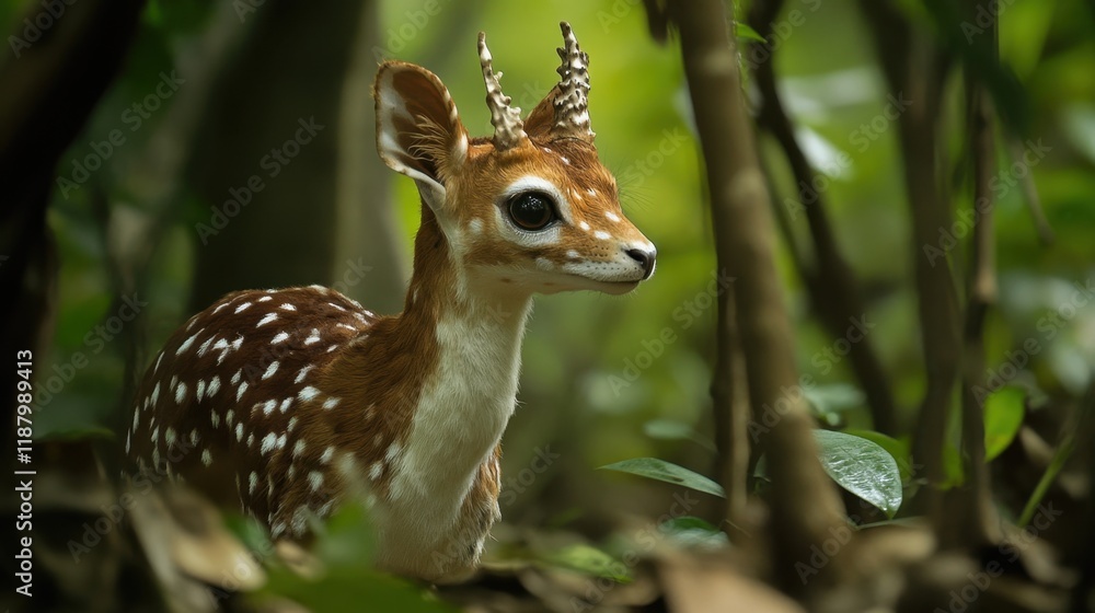 A beautiful and rare creature with distinctive markings, living in the heart of an untouched forest, its graceful movements captured against a backdrop of towering trees. A beautiful and rare creature with distinctive markings, living in the heart of an untouched forest, its graceful movements captured against a backdrop of towering trees.