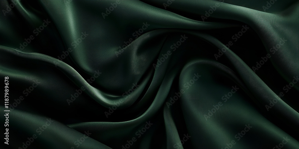 Fototapeta premium The image shows a dark green, fabric-like texture with smooth, wavy folds, creating a soft and elegant appearance