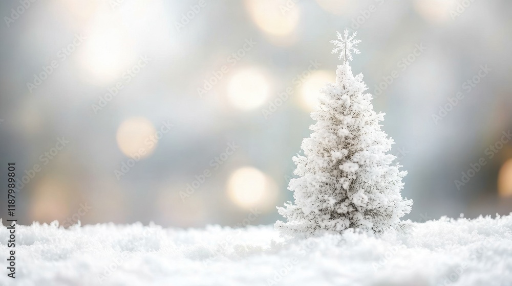 Fototapeta premium A beautiful Christmas card with a white Christmas tree and snowflakes, with a blurred background that evokes a cozy and magical holiday feeling.