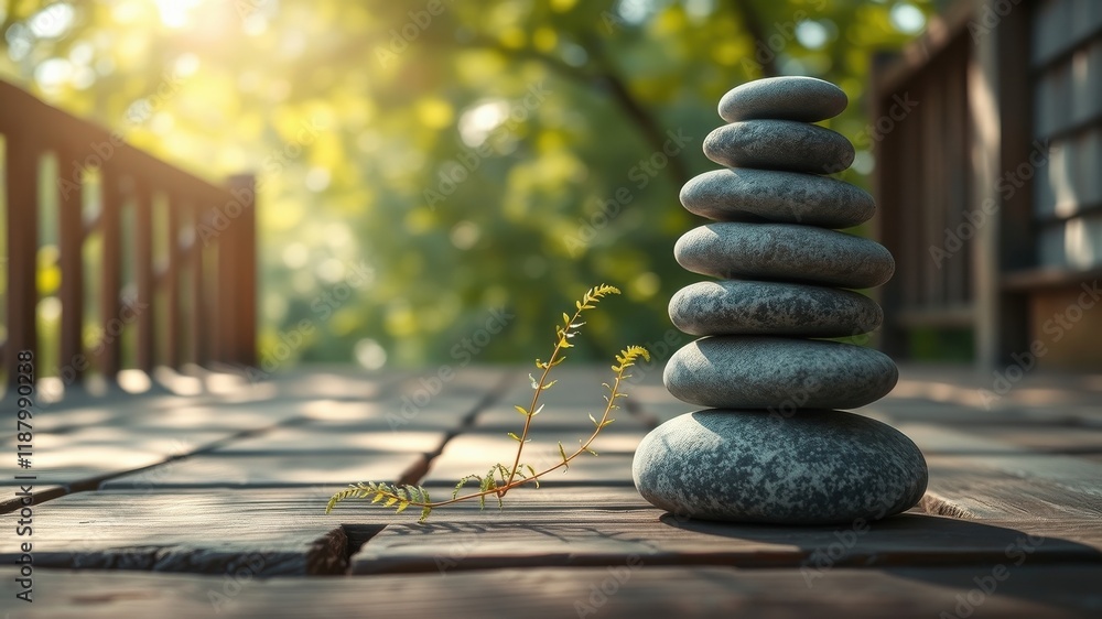 Obraz premium A Balanced Stone Cairn Nestled on a Wooden Deck, Embracing a Delicate Sprout in the Sunlit Serenity of a Garden