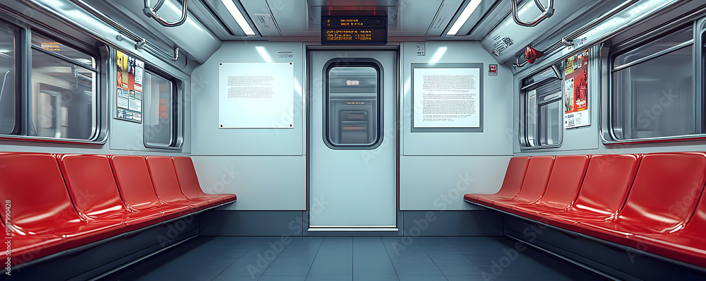 Fototapeta premium Empty subway car, red seats, ad space