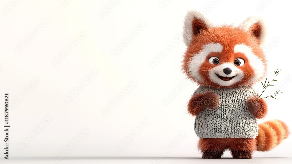 Fototapeta premium Adorable cartoon red panda wearing a sweater holding a bamboo shoot against a white background.