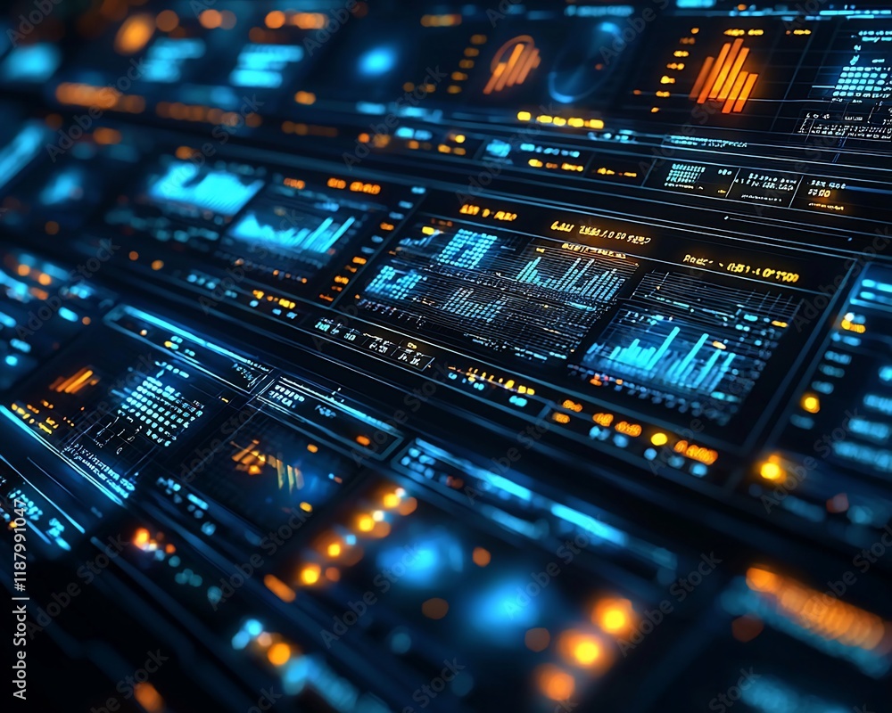 Obraz premium Futuristic digital interface with glowing graphs and data.