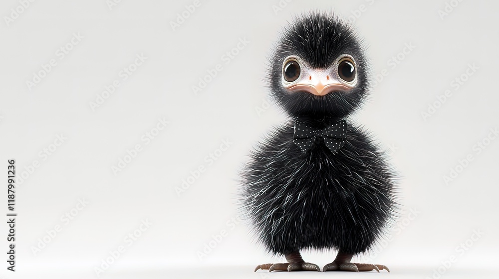 Fototapeta premium Adorable fluffy black chick wearing a bow tie against a white background.