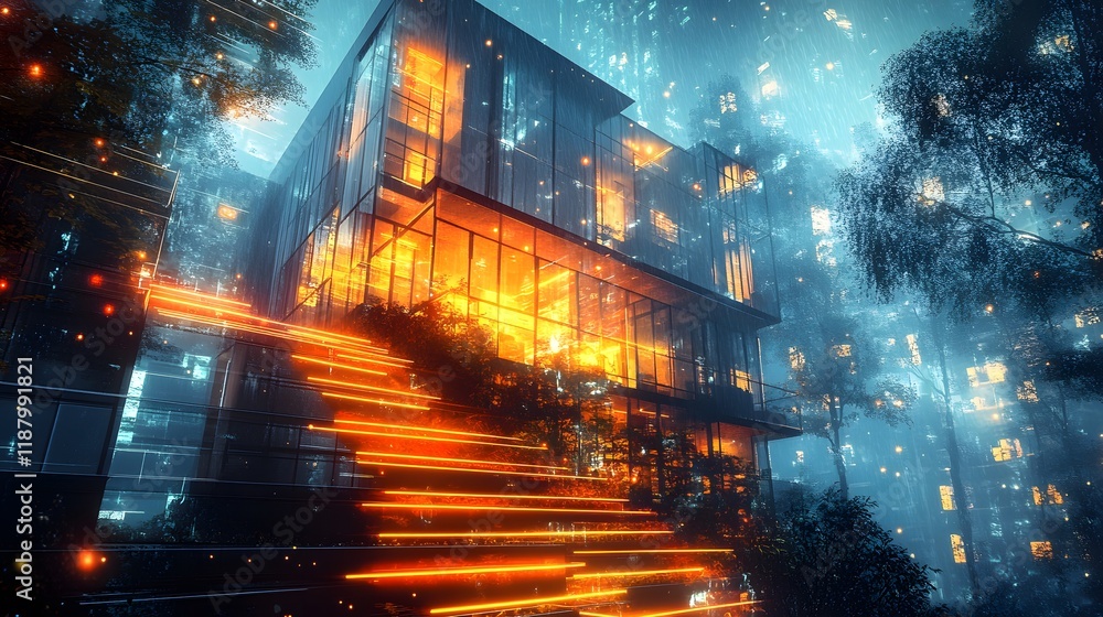 Fototapeta premium A futuristic VR experience in a luxury home with floating stairs and glowing paths. Perfect for ads on smart homes, future tech, or luxury real estate, blending modern design with digital innovation.