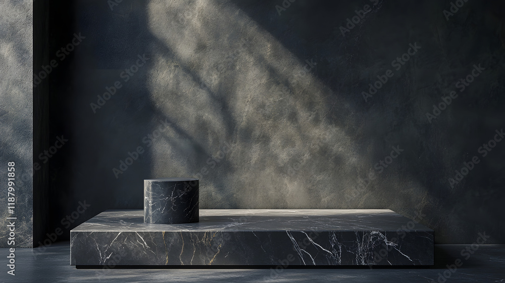 stone podium background with natural black marble pedestal on a dark wall for product display in a modern minimal cosmetic design, ideal for fashion and beauty presentations.