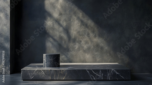 Obraz na płótnie stone podium background with natural black marble pedestal on a dark wall for product display in a modern minimal cosmetic design, ideal for fashion and beauty presentations. w salonie