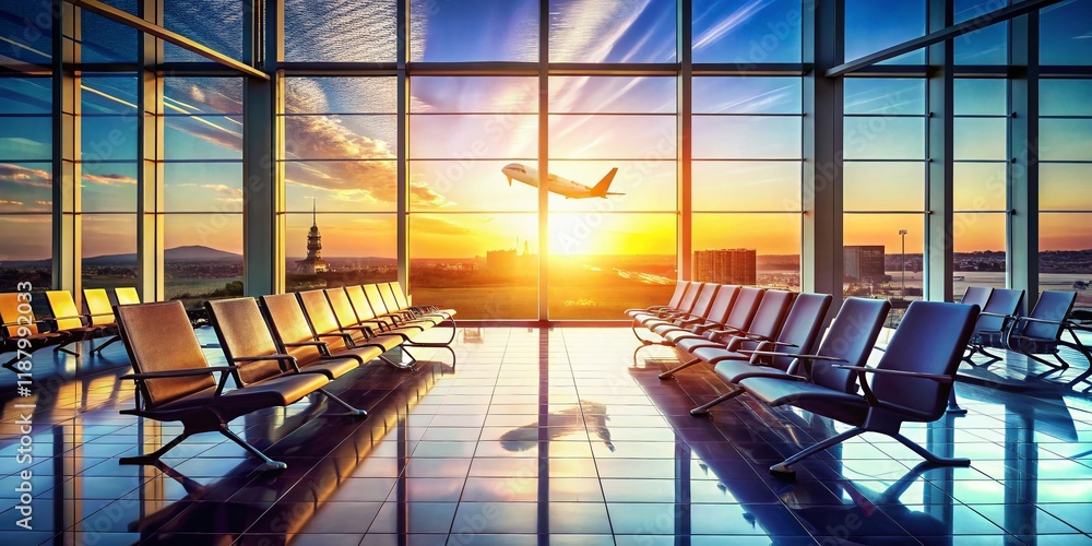 Sunlit Airport Waiting Area: Empty Chairs & Departing Plane Double Exposure Stock Photo