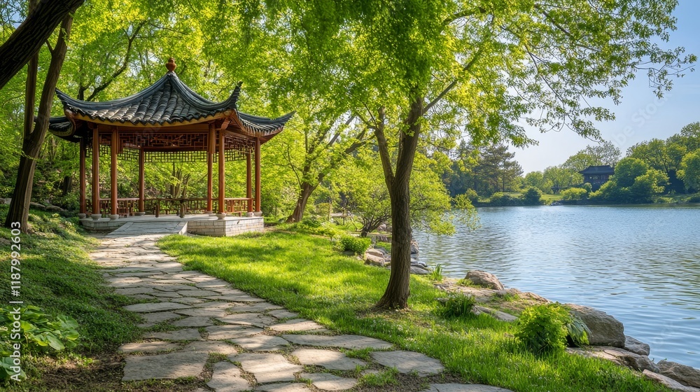 Tranquil asian garden with pagoda by serene lake in springtime Tranquil asian garden with pagoda by serene lake in springtime