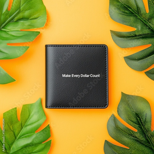 Frugal lifestyle concept. A stylish black wallet surrounded by tropical leaves on a vibrant yellow background, emphasizing financial mindfulness. photo