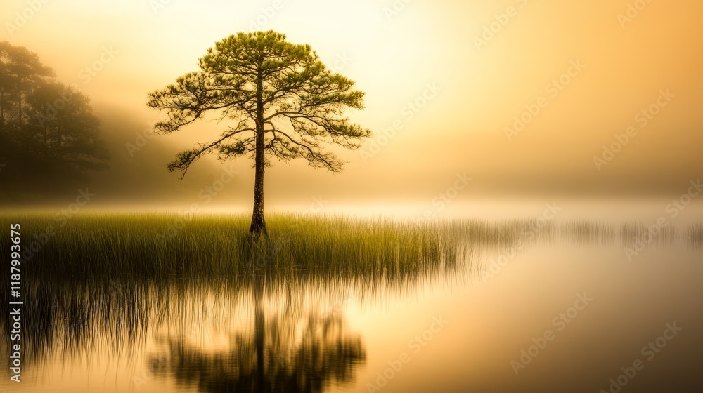 Serene Misty Landscape with Lone Pine Tree Reflected in Calm Water Surrounded by Lush Grasses under a Golden Sunrise Sky Serene Misty Landscape with Lone Pine Tree Reflected in Calm Water Surrounded by Lush Grasses under a Golden Sunrise Sky