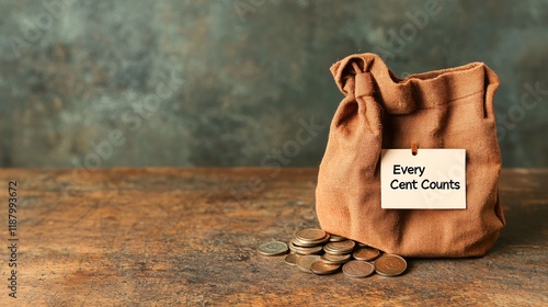Frugal lifestyle concept. A small bag labeled 