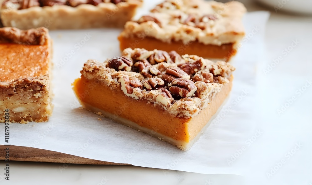 Slices of a variety of delicious fall pies, including pumpkin and pecan and pumpkin scramble pie. Generative AI Slices of a variety of delicious fall pies, including pumpkin and pecan and pumpkin scramble pie. Generative AI