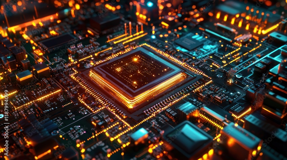 Glowing Circuit Board: A Close-Up of a Computer Microchip Glowing Circuit Board: A Close-Up of a Computer Microchip