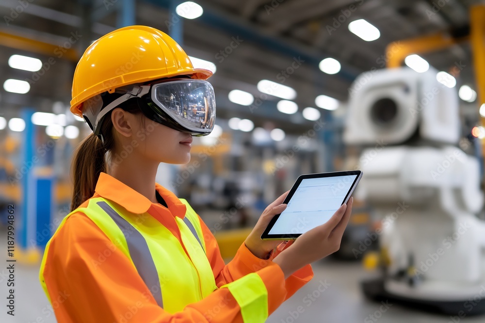 Engineer Using Tablet for Robotics Monitoring in Industrial Facility Engineer Using Tablet for Robotics Monitoring in Industrial Facility