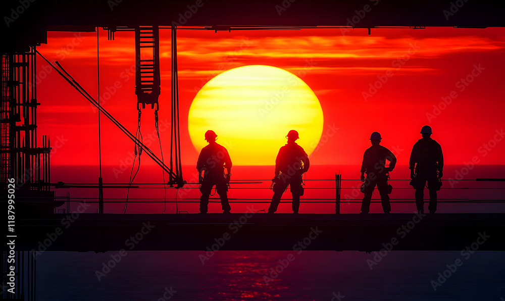 Fototapeta premium Offshore Workers Sunset Platform Construction
