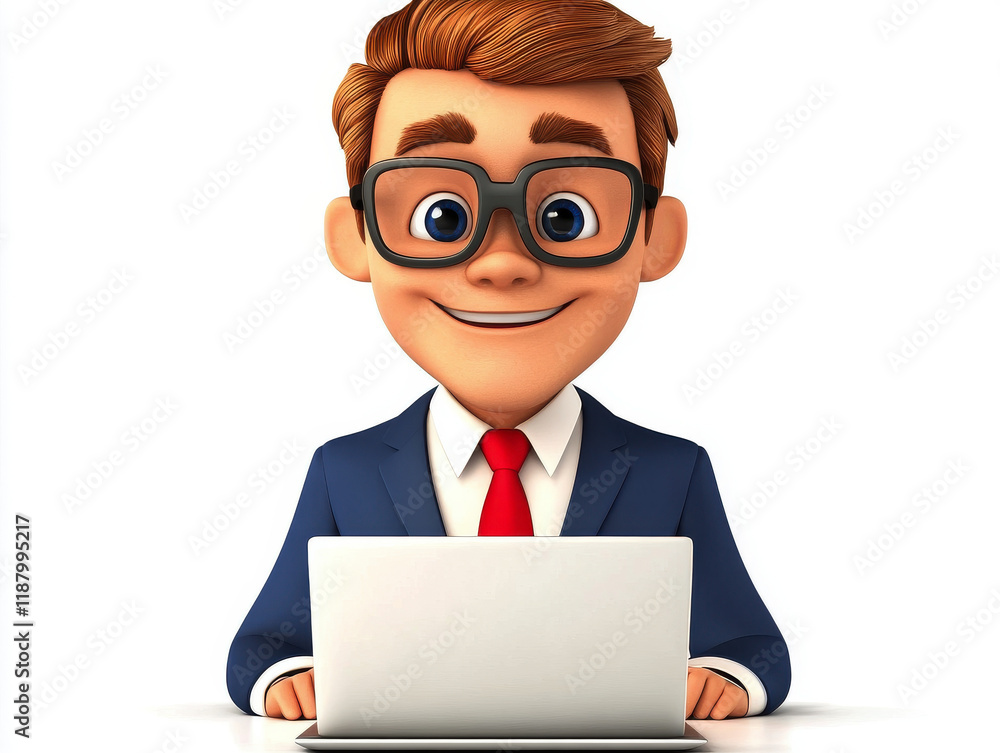 Happy businessman working on laptop; joyful expression, 3D model. Happy businessman working on laptop; joyful expression, 3D model.