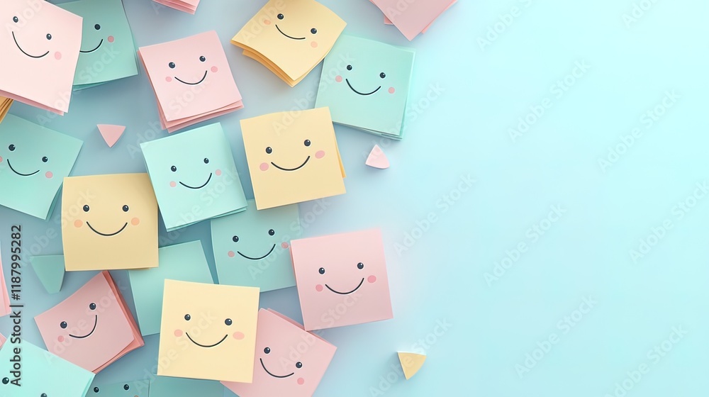Fototapeta premium Colorful sticky notes with happy faces scattered on a light blue background, leaving space for text or design.