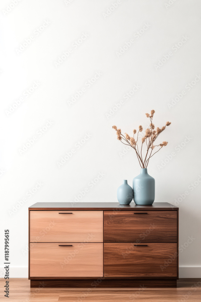 Fototapeta premium Elegant wooden dresser with decorative vases and dried flowers in modern interior setting