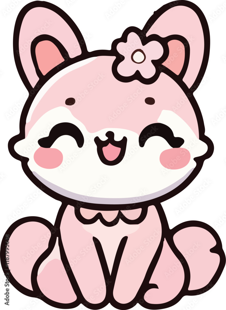 Obraz premium Happy bunny, and a cheerful fox, with happy smiling face expression. Cute kawaii animals, kids flat vector illustration