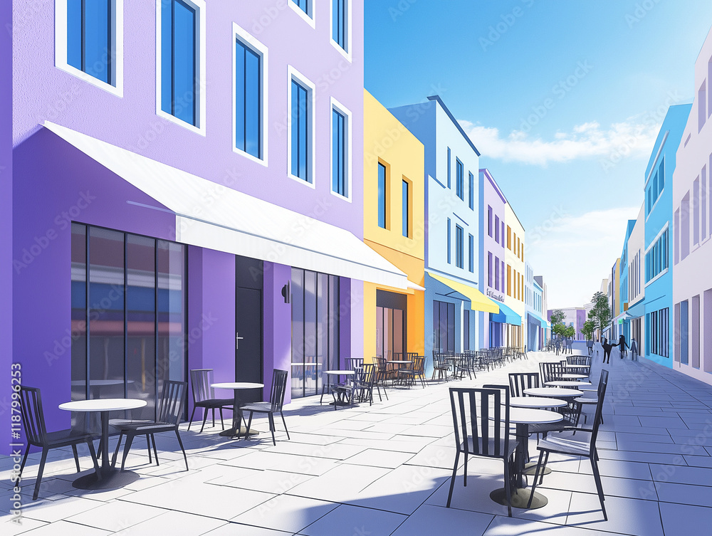 Fototapeta premium Bustling Street Café with Pastel-Hued Walls and Outdoor Seating
