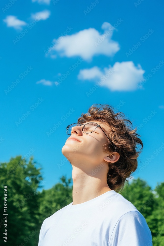Teenager gazing skyward, summer park, sunny day, freedom Teenager gazing skyward, summer park, sunny day, freedom