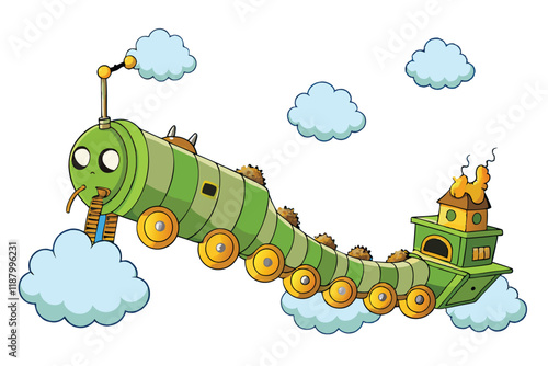 Whimsical mechanical caterpillar train powered by steam flying through fluffy clouds in a surreal fantasy setting