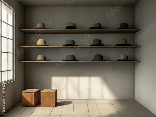 Old Millinery Shop with Classic Hat Boxes Displayed photo