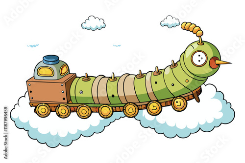 Creative illustration of a mechanical caterpillar locomotive with a retro steampunk style traveling among clouds