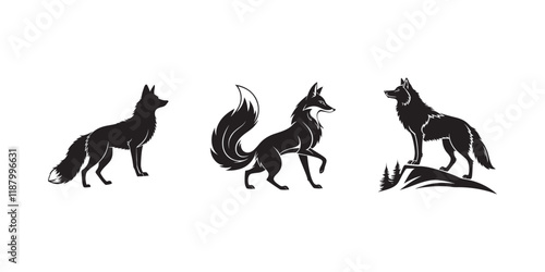 Silhouette of three foxes in different poses, one standing on a hill, one walking, and one with a bushy tail, perfect for wildlife and nature-themed designs