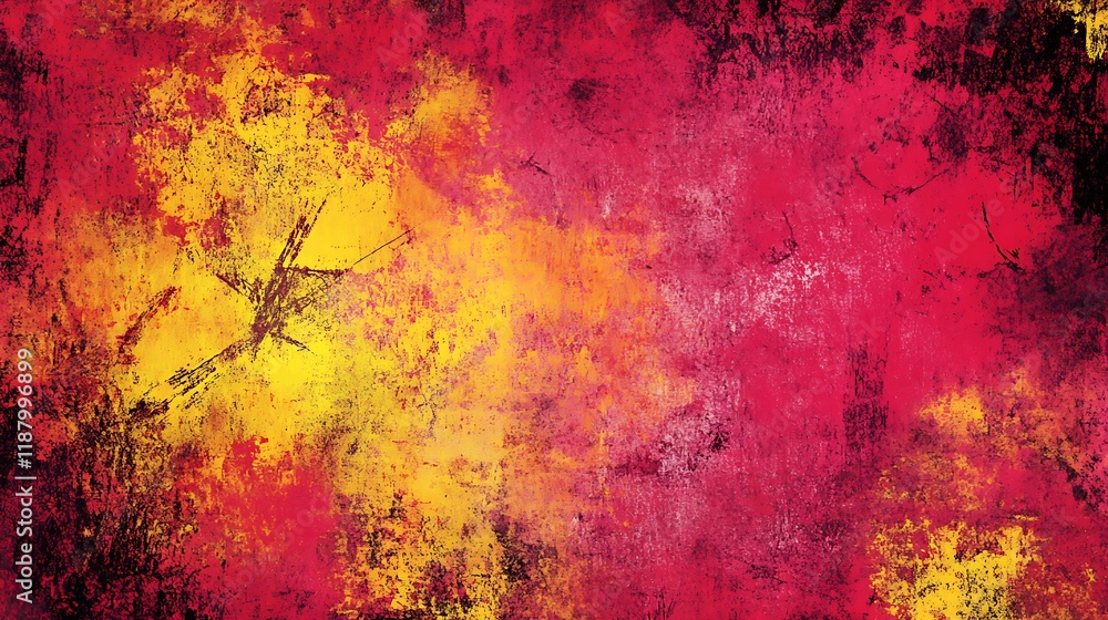 Fototapeta premium A rough, grungy abstract pattern of bright red, yellow, and pink, creating a bold, chaotic design.