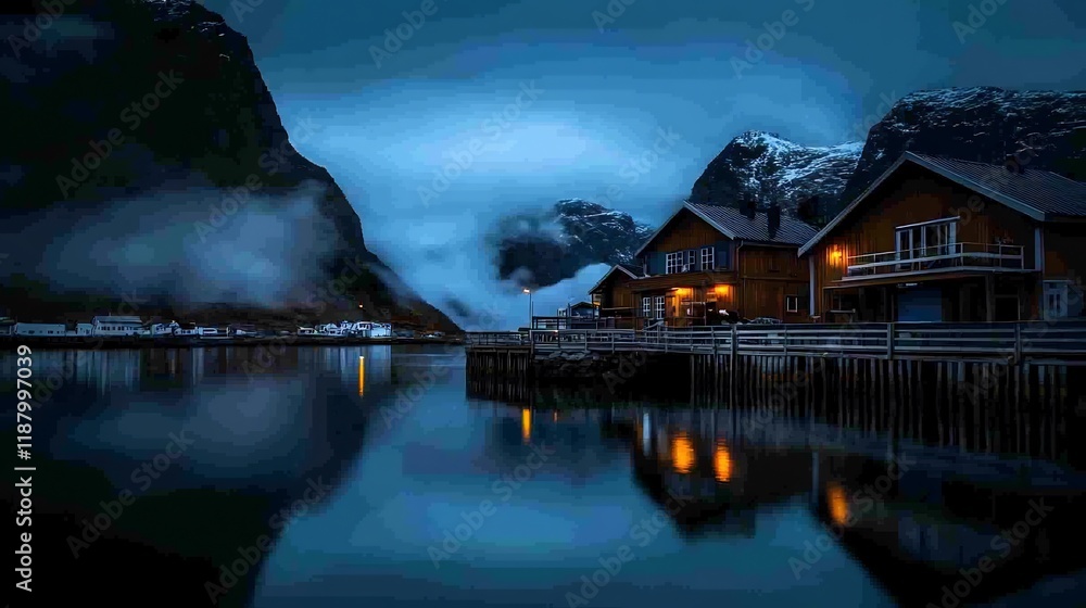 Fototapeta premium Picturesque Night View of a Norwegian Village Nestled Among Majestic Mountains